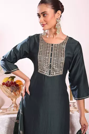 black embroidered poly silk free size stiched kurta set