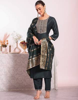 black embroidered poly silk free size stiched kurta set 3