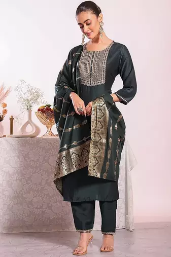 black embroidered poly silk free size stiched kurta set