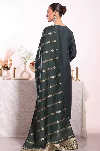 black embroidered poly silk free size stiched kurta set