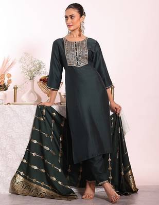 black embroidered poly silk free size stiched kurta set 5