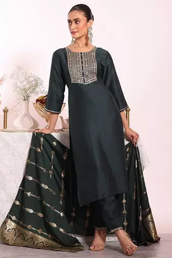 black embroidered poly silk free size stiched kurta set