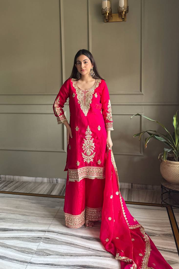 rani pink embroidered fendi satin free size stitched kurta set