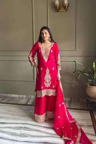 rani pink embroidered fendi satin free size stitched kurta set