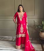 rani pink embroidered fendi satin free size stitched kurta set