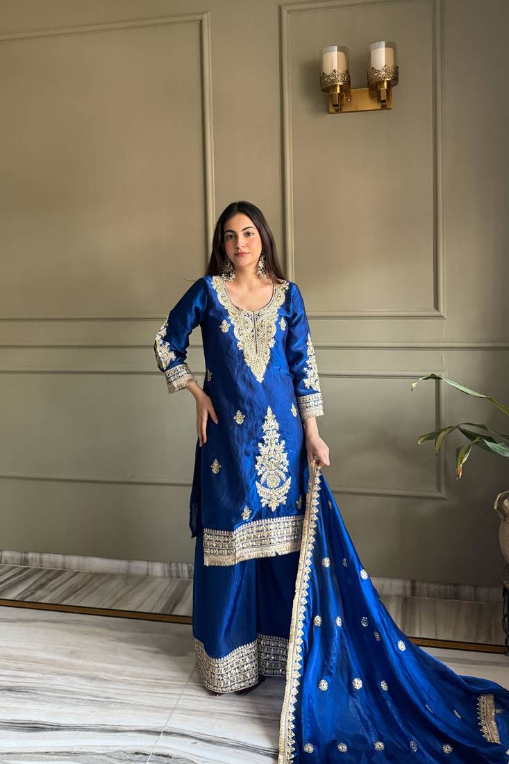blue embroidered fendi satin free size stitched kurta set