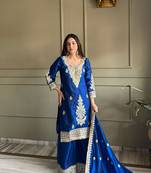 blue embroidered fendi satin free size stitched kurta set