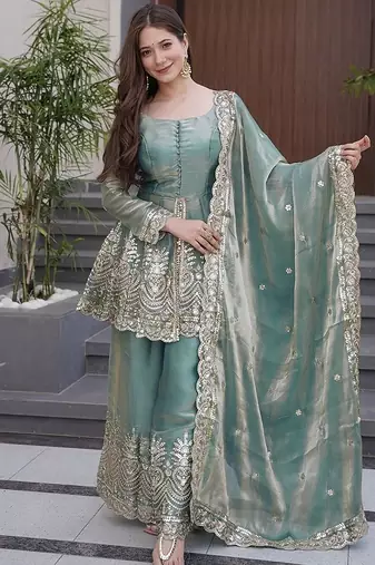 sky blue embroidered fandy silk free size stitched kurta set