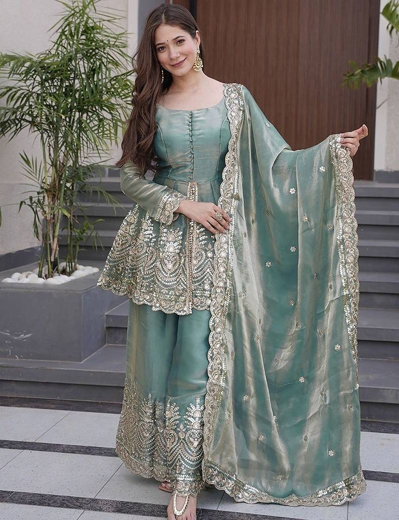 sky blue embroidered fandy silk free size stitched kurta set