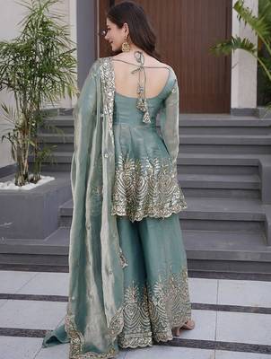 sky blue embroidered fandy silk free size stitched kurta set 2