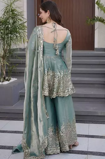 sky blue embroidered fandy silk free size stitched kurta set
