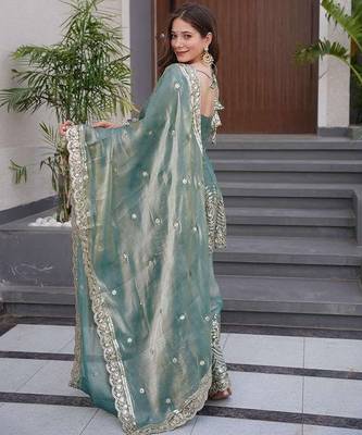 sky blue embroidered fandy silk free size stitched kurta set 3