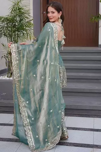 sky blue embroidered fandy silk free size stitched kurta set
