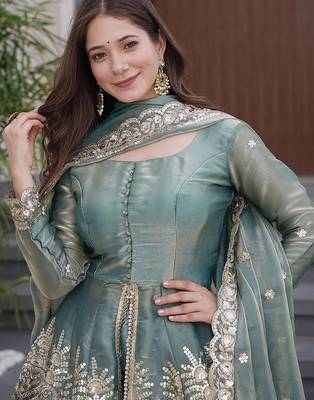 sky blue embroidered fandy silk free size stitched kurta set 4