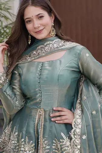 sky blue embroidered fandy silk free size stitched kurta set