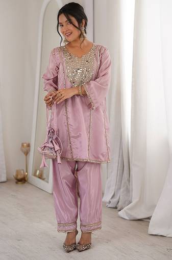 pink embroidered h o fabrics free size stitched straight kurti with batwa suit