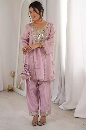 pink embroidered h o fabrics free size stitched straight kurti with batwa suit