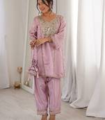 pink embroidered h o fabrics free size stitched straight kurti with batwa suit