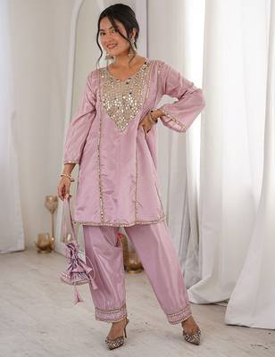 pink embroidered h o fabrics free size stitched straight kurti with batwa suit 4
