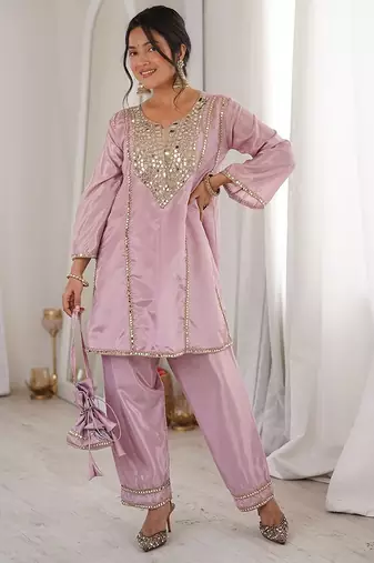 pink embroidered h o fabrics free size stitched straight kurti with batwa suit
