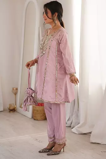 pink embroidered h o fabrics free size stitched straight kurti with batwa suit