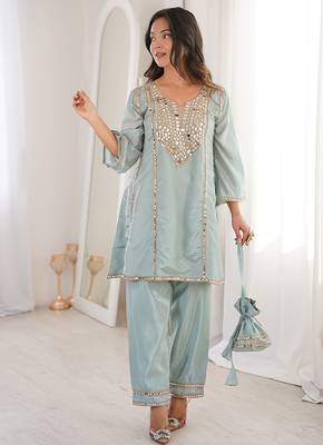 sky blue embroidered h o fabrics free size stitched straight kurti with batwa suit 1