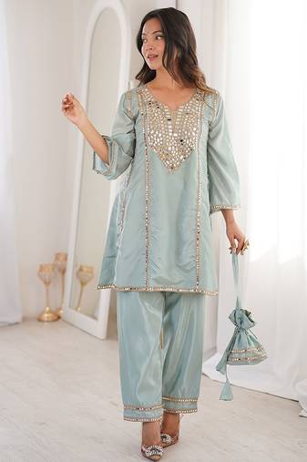 sky blue embroidered h o fabrics free size stitched straight kurti with batwa suit
