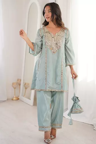 sky blue embroidered h o fabrics free size stitched straight kurti with batwa suit