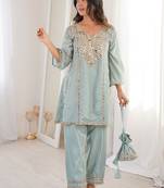 sky blue embroidered h o fabrics free size stitched straight kurti with batwa suit