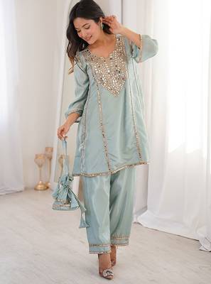 sky blue embroidered h o fabrics free size stitched straight kurti with batwa suit 3