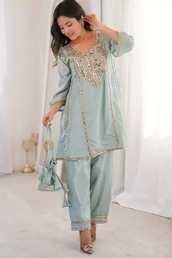 sky blue embroidered h o fabrics free size stitched straight kurti with batwa suit