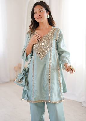 sky blue embroidered h o fabrics free size stitched straight kurti with batwa suit 4