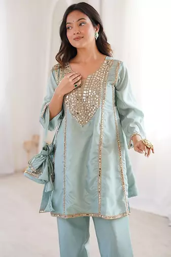 sky blue embroidered h o fabrics free size stitched straight kurti with batwa suit