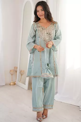 sky blue embroidered h o fabrics free size stitched straight kurti with batwa suit
