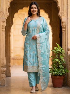 blue embroidered jimmy chu free size stitched kurta set 1