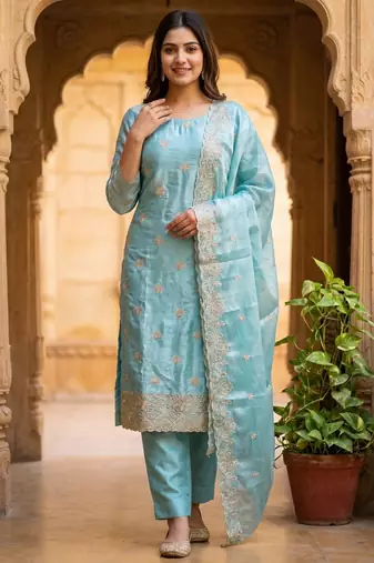 blue embroidered jimmy chu free size stitched kurta set