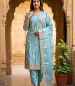 blue embroidered jimmy chu free size stitched kurta set