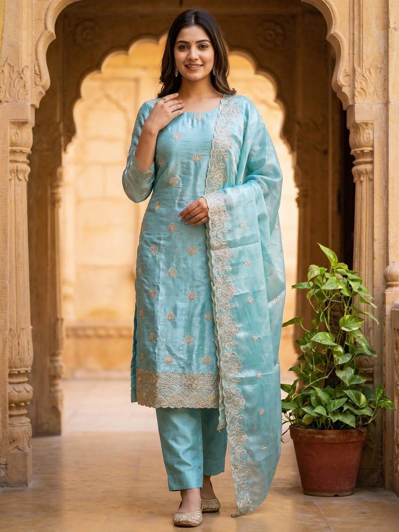 blue embroidered jimmy chu free size stitched kurta set