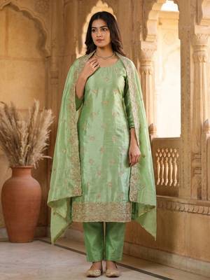 green embroidered jimmy chu free size stitched kurta set 1