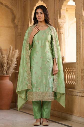 green embroidered jimmy chu free size stitched kurta set