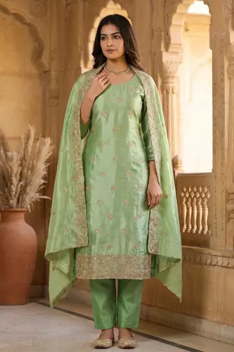 green embroidered jimmy chu free size stitched kurta set