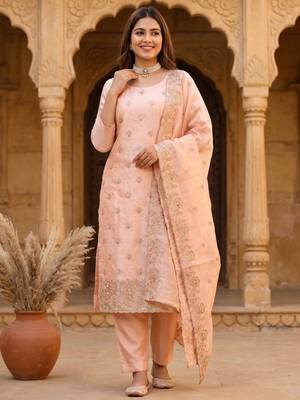 peach embroidered jimmy chu free size stitched kurta set 1