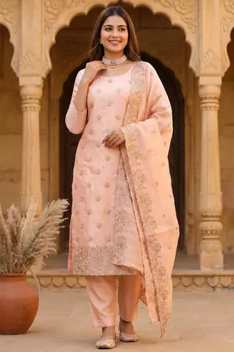 peach embroidered jimmy chu free size stitched kurta set