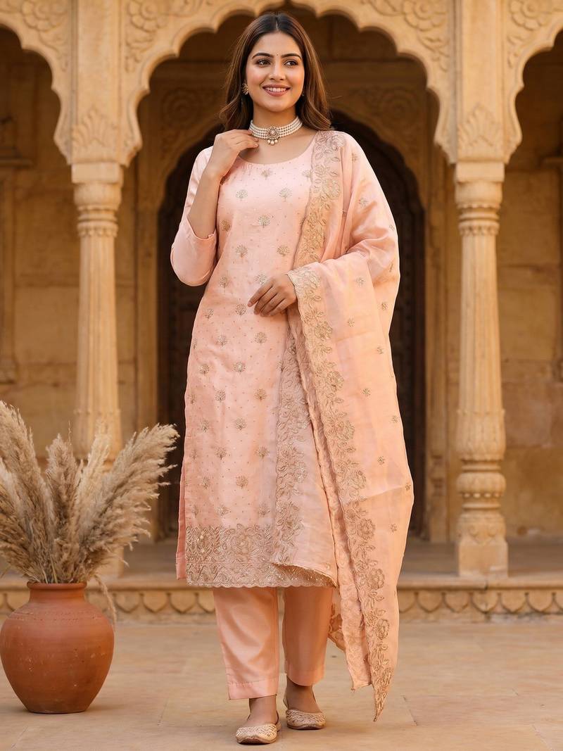 peach embroidered jimmy chu free size stitched kurta set