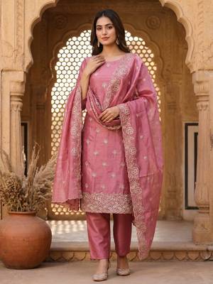 pink embroidered jimmy chu free size stitched kurta set 1