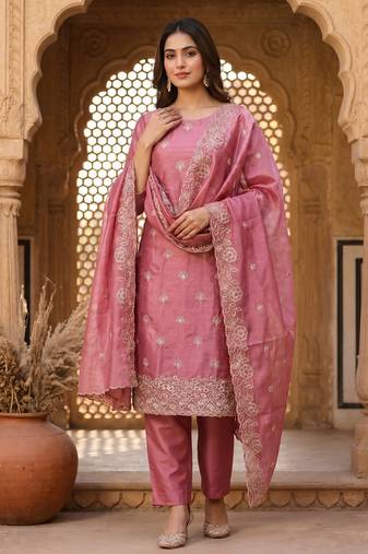 pink embroidered jimmy chu free size stitched kurta set