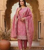 pink embroidered jimmy chu free size stitched kurta set