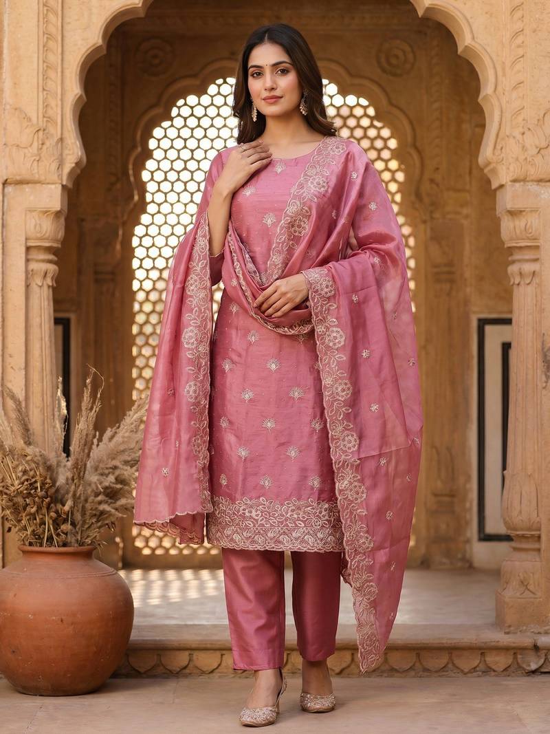 pink embroidered jimmy chu free size stitched kurta set