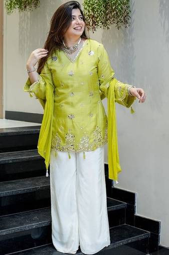lime yellow embroidered silk free size stitched kurta set