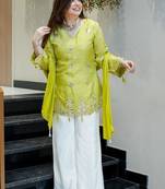 lime yellow embroidered silk free size stitched kurta set